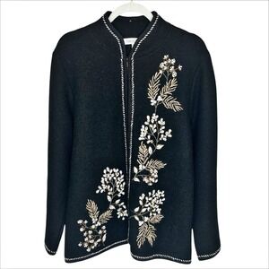 Coldwater Creek Boiled Wool Jacket XL Black Embroidered Beaded Floral Zip Up